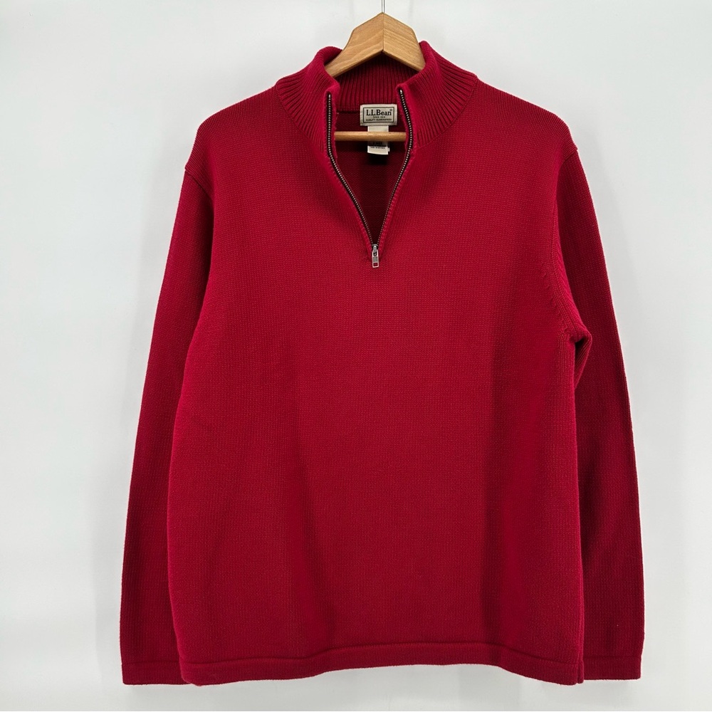 LL Bean Sweater Mens M 1/4 Zip Red Heavy Knit Dadcore Pullover Warm Classic